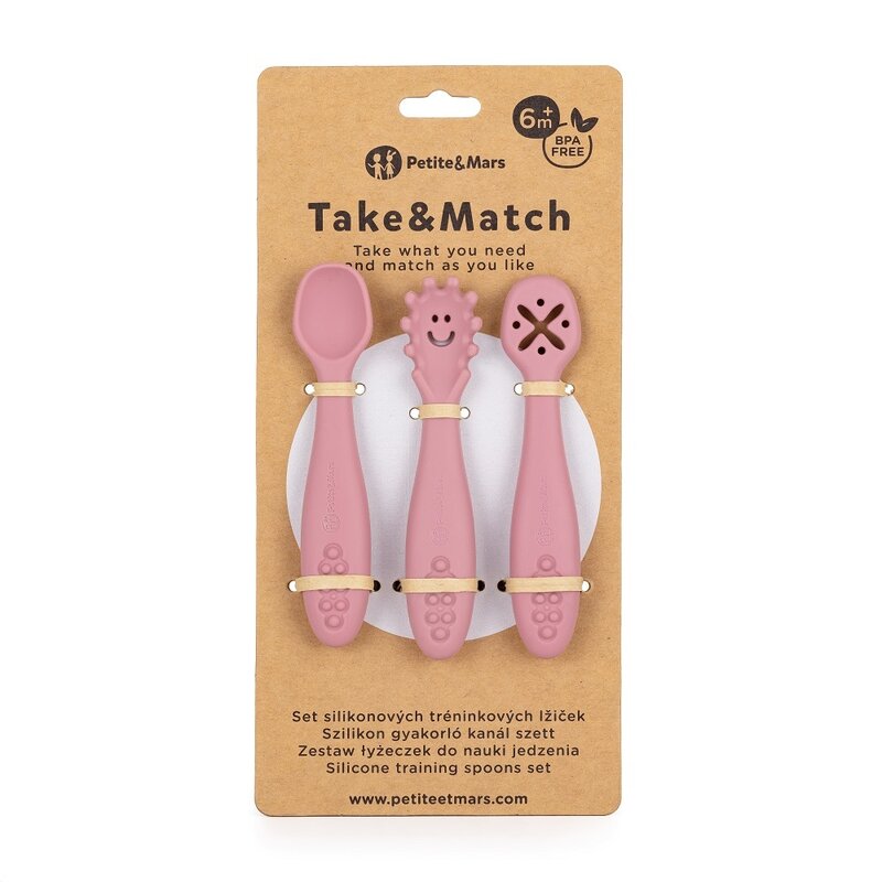 Set 3 lingurite, Petite&Mars, Diverse forme, Pentru supa, paste, alimente usoare, Dezvolta simturile si abilitatile senzoriale, Silicon, Fara BPA, 6 luni+, Roz - gogobaby.ro