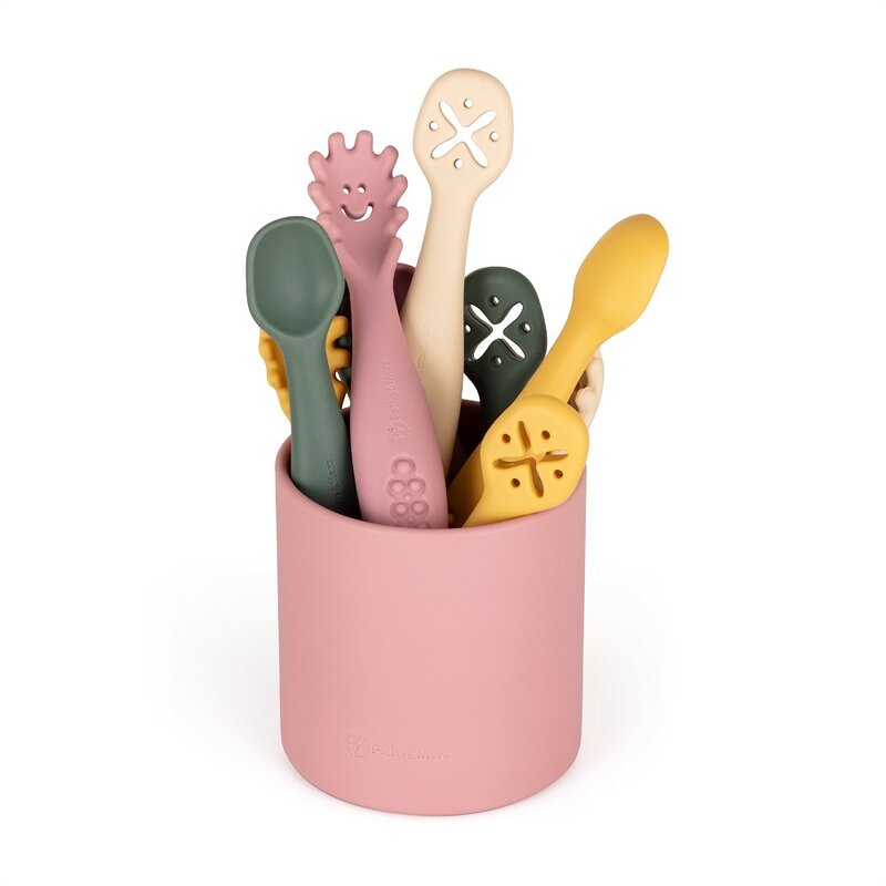 Set 3 lingurite, Petite&Mars, Diverse forme, Pentru supa, paste, alimente usoare, Dezvolta simturile si abilitatile senzoriale, Silicon, Fara BPA, 6 luni+, Verde - gogobaby.ro