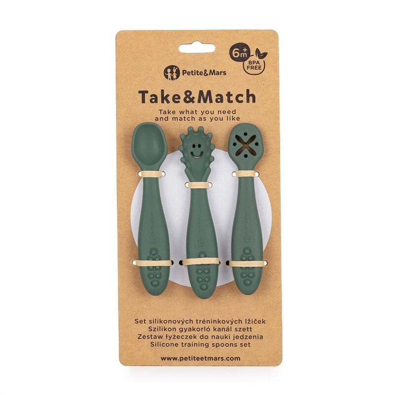 Set 3 lingurite, Petite&Mars, Diverse forme, Pentru supa, paste, alimente usoare, Dezvolta simturile si abilitatile senzoriale, Silicon, Fara BPA, 6 luni+, Verde - gogobaby.ro