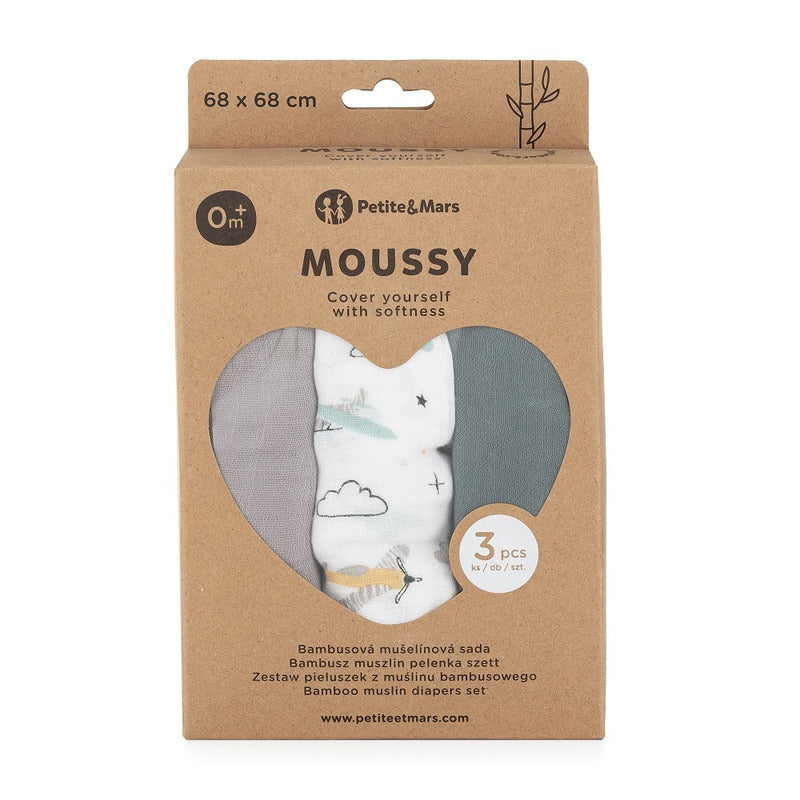 Set 3 scutece, Petite&Mars, Moussy Grey Planes, Din muselina de bambus, Hipoalergenice, 68 x 68 cm, Certificate Oeko Tex Standard 100, Multicolor