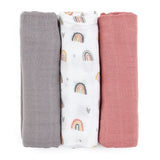 Set 3 scutece, Petite&Mars, Moussy Rose Rainbow, Din muselina de bambus, Hipoalergenice, 68 x 68 cm, Certificate Oeko Tex Standard 100, Multicolor