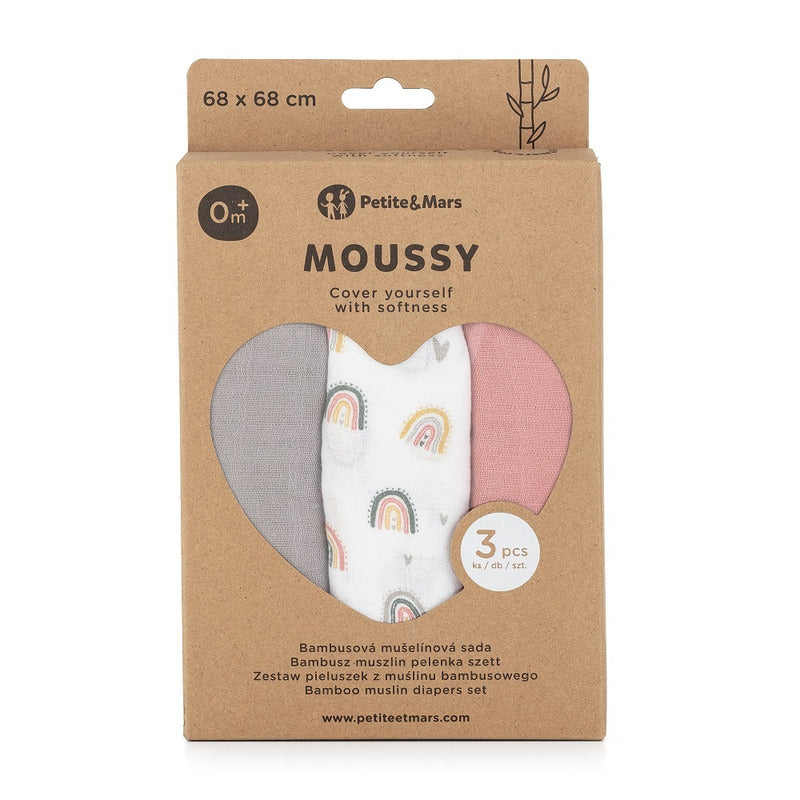 Set 3 scutece, Petite&Mars, Moussy Rose Rainbow, Din muselina de bambus, Hipoalergenice, 68 x 68 cm, Certificate Oeko Tex Standard 100, Multicolor