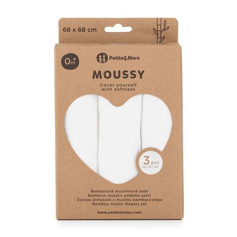 Set 3 scutece, Petite&Mars, Moussy Total White, Din muselina de bambus, Hipoalergenice, 68 x 68 cm, Certificate Oeko Tex Standard 100, Alb