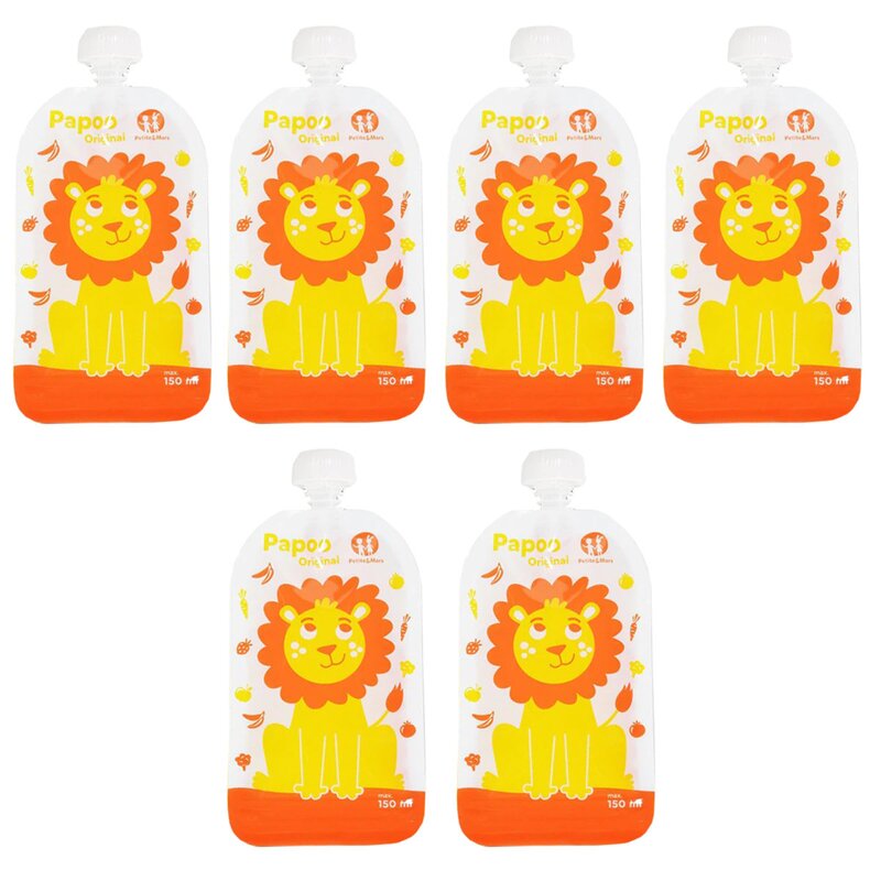 Set 6 pungi reutilizabile, Petite&Mars, Pentru hranire, Cu leuti, Inchidere ermetica, 20x10 cm, 150 ml, Papoo Portocaliu