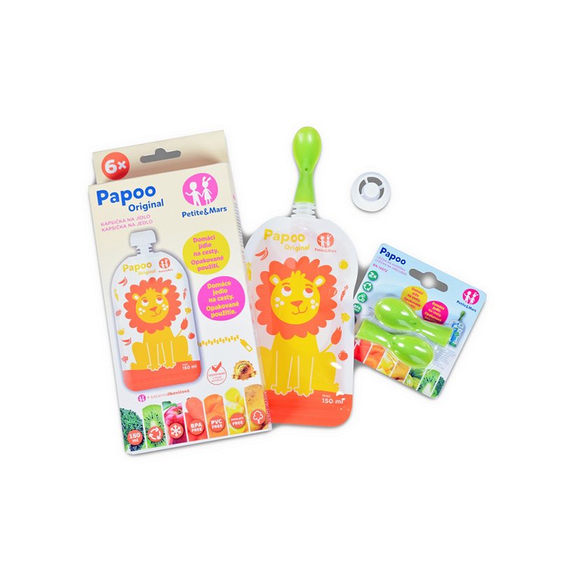 Set 6 pungi reutilizabile, Petite&Mars, Pentru hranire, Cu leuti, Inchidere ermetica, 20x10 cm, 150 ml, Papoo Portocaliu