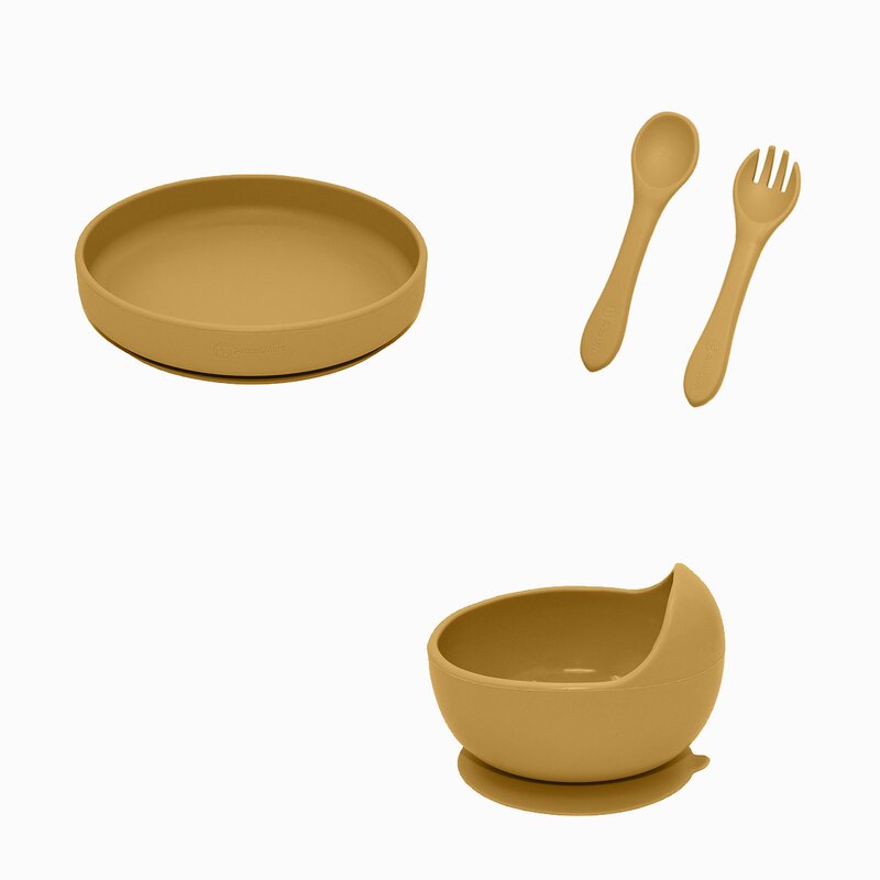 Set de hranire, Petite&Mars, Cu farfurie, Bol si tacamuri, Din silicon fara BFA, Ocru - gogobaby.ro