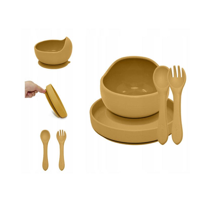 Set de hranire, Petite&Mars, Cu farfurie, Bol si tacamuri, Din silicon fara BFA, Ocru - gogobaby.ro