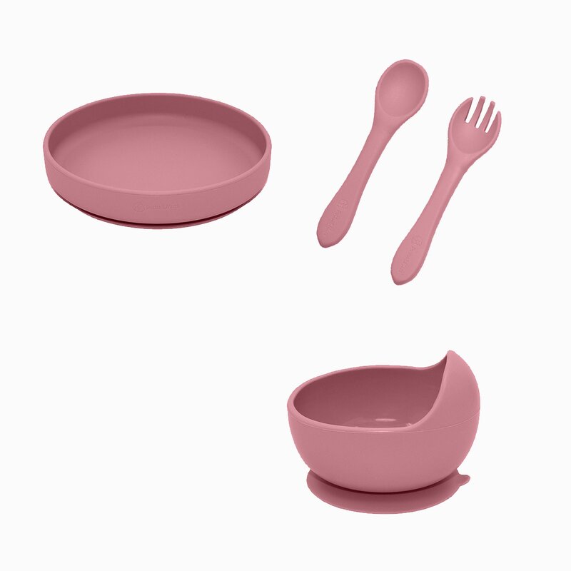 Set de hranire, Petite&Mars, Cu farfurie, Bol si tacamuri, Din silicon fara BFA, Roz