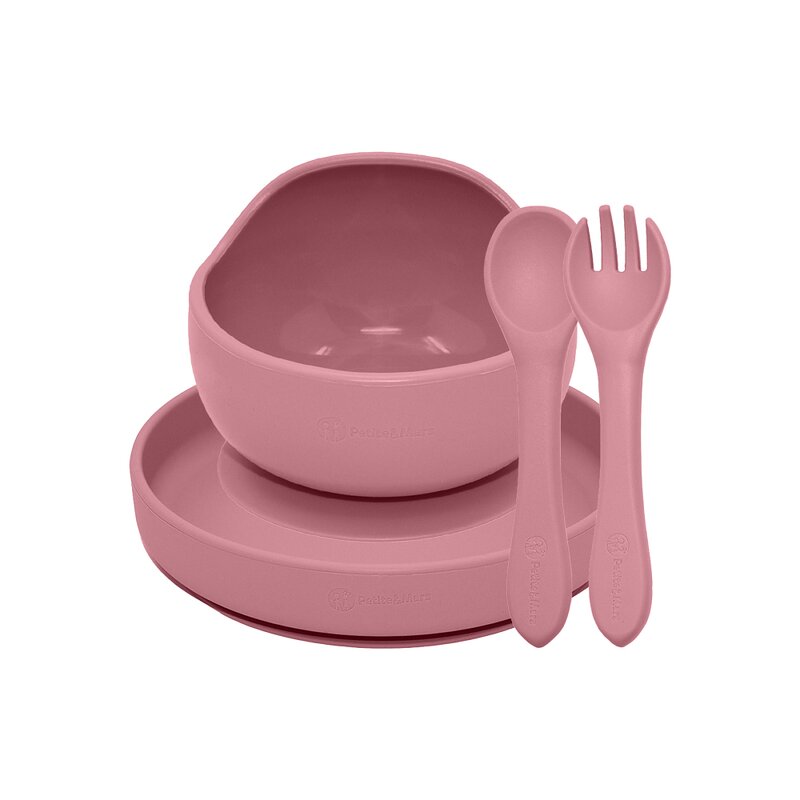 Set de hranire, Petite&Mars, Cu farfurie, Bol si tacamuri, Din silicon fara BFA, Roz