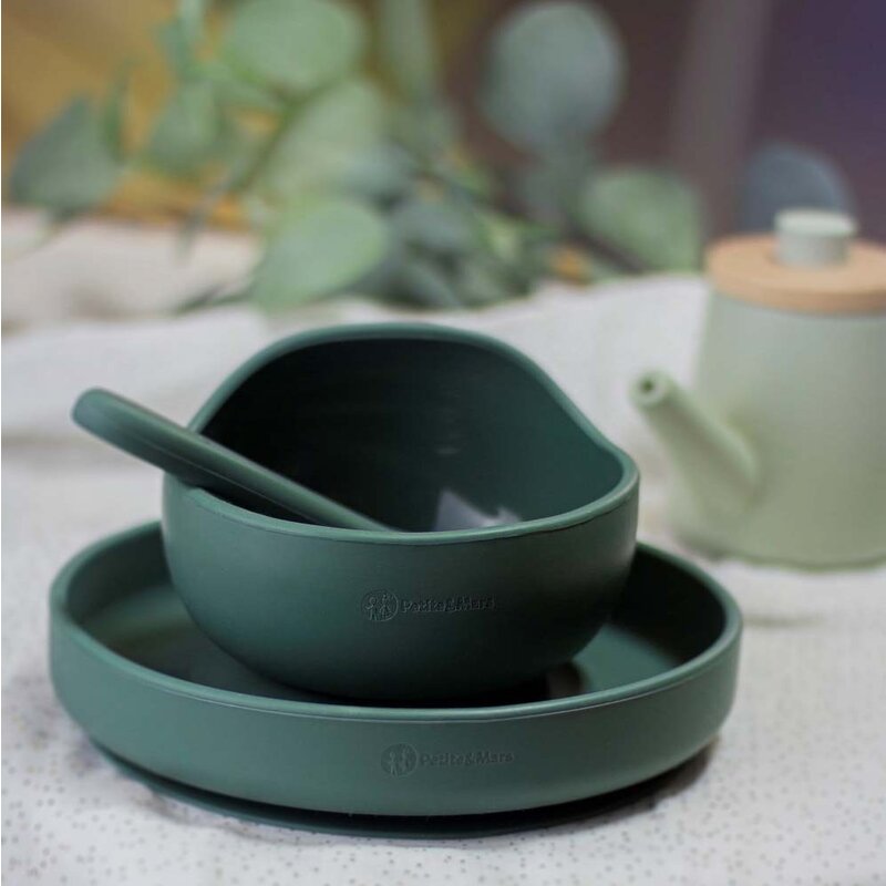 Set de hranire, Petite&Mars, Cu farfurie, Bol si tacamuri, Din silicon fara BFA, Verde inchis