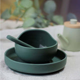 Set de hranire, Petite&Mars, Cu farfurie, Bol si tacamuri, Din silicon fara BFA, Verde inchis