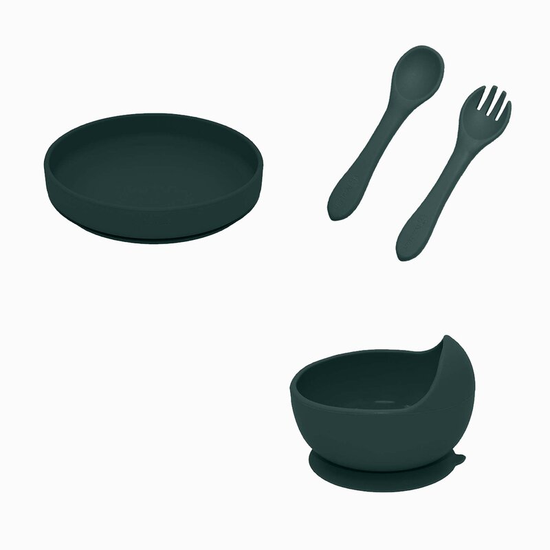 Set de hranire, Petite&Mars, Cu farfurie, Bol si tacamuri, Din silicon fara BFA, Verde inchis - gogobaby.ro