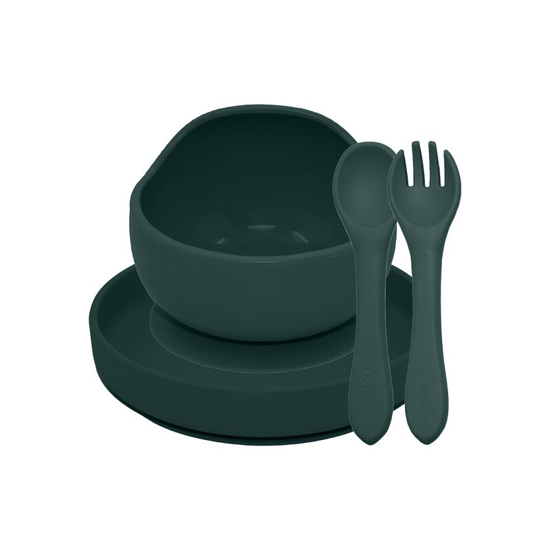 Set de hranire, Petite&Mars, Cu farfurie, Bol si tacamuri, Din silicon fara BFA, Verde inchis - gogobaby.ro