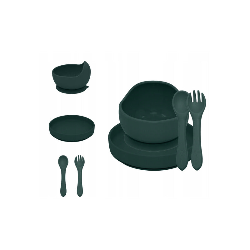 Set de hranire, Petite&Mars, Cu farfurie, Bol si tacamuri, Din silicon fara BFA, Verde inchis - gogobaby.ro