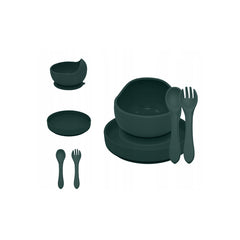Set de hranire, Petite&Mars, Cu farfurie, Bol si tacamuri, Din silicon fara BFA, Verde inchis