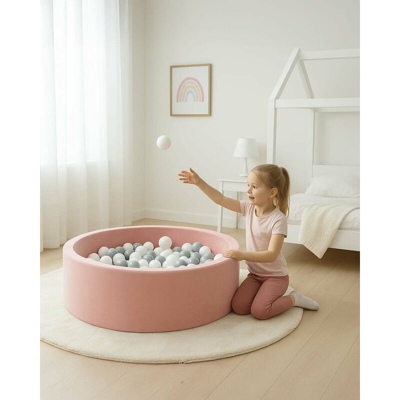 Piscina uscata, New Baby, Cu 150 de bile (Alb, gri), Din tesatura fina cu certificare Oeko-Tex Standard 100, Dimensiune 83 x 83 x 30 cm, Pink - gogobaby.ro
