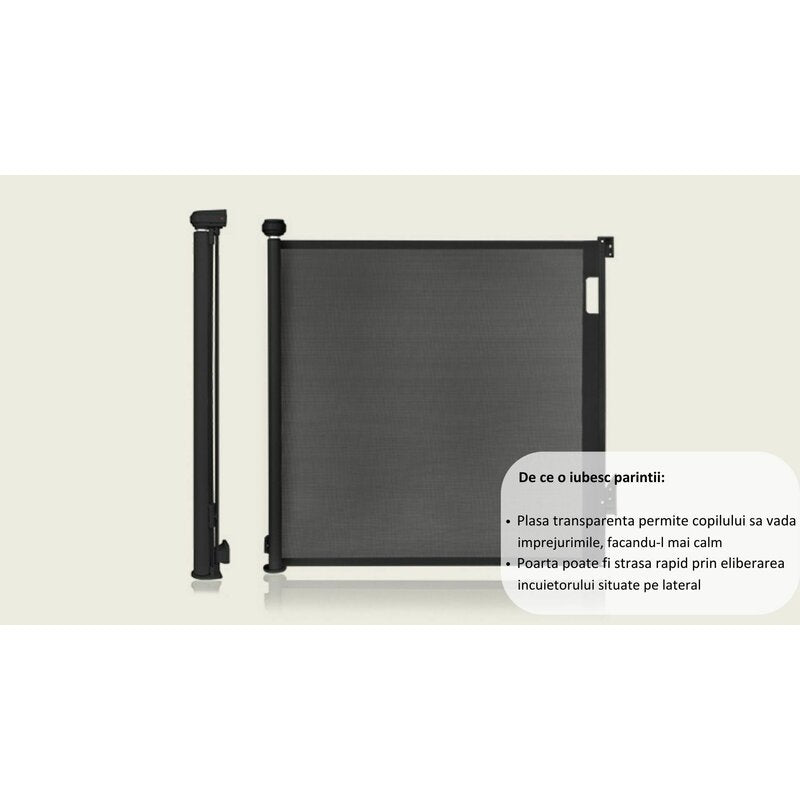 Poarta de siguranta, Lionelo, Thea, Textila, Ofera vizibilitate, Retractabila, Mecanism dublu de blocare, Montaj universal, 95x140 cm, Conform cu standardul european de securitate EN1930, Alb - gogobaby.ro