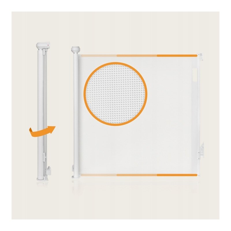 Poarta de siguranta, Lionelo, Thea, Textila, Ofera vizibilitate, Retractabila, Mecanism dublu de blocare, Montaj universal, 95x140 cm, Conform cu standardul european de securitate EN1930, Alb - gogobaby.ro