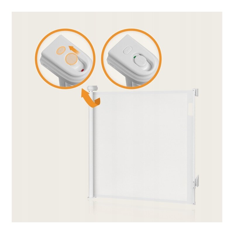 Poarta de siguranta, Lionelo, Thea, Textila, Ofera vizibilitate, Retractabila, Mecanism dublu de blocare, Montaj universal, 95x140 cm, Conform cu standardul european de securitate EN1930, Alb - gogobaby.ro