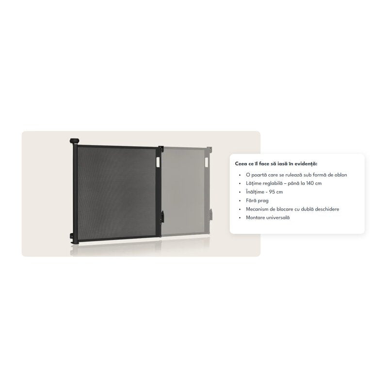 Poarta de siguranta, Lionelo, Thea, Textila, Ofera vizibilitate, Retractabila, Mecanism dublu de blocare, Montaj universal, 95x140 cm, Conform cu standardul european de securitate EN1930, Alb - gogobaby.ro