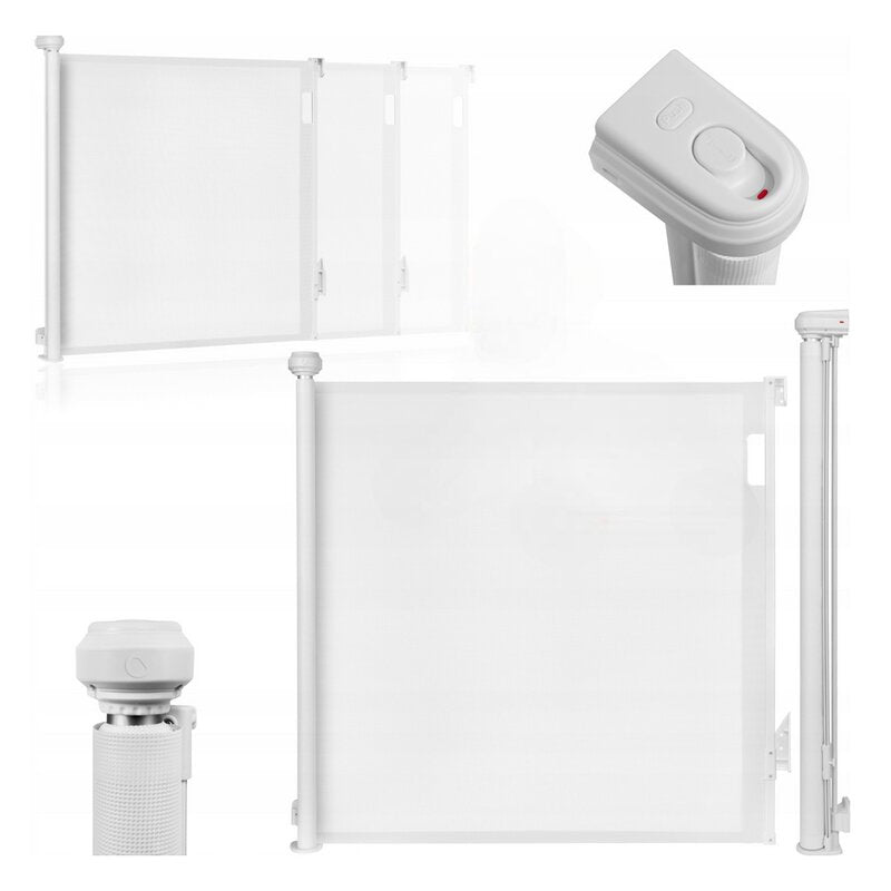 Poarta de siguranta, Lionelo, Thea, Textila, Ofera vizibilitate, Retractabila, Mecanism dublu de blocare, Montaj universal, 95x140 cm, Conform cu standardul european de securitate EN1930, Alb - gogobaby.ro