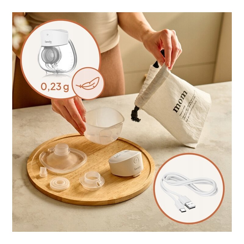 Pompa de san, Lionelo, Fidi Free Lumi, Portabila, Cu accesorii, Hands-free, 9 functii de masaj, Functie iluminare pentru noapte, Fara BPA, Autonomie 3 h, Capacitate 180 ml, Alb