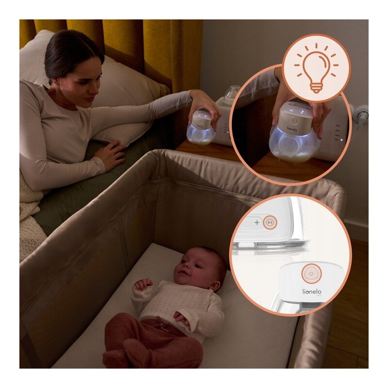 Pompa de san, Lionelo, Fidi Free Lumi, Portabila, Cu accesorii, Hands-free, 9 functii de masaj, Functie iluminare pentru noapte, Fara BPA, Autonomie 3 h, Capacitate 180 ml, Alb