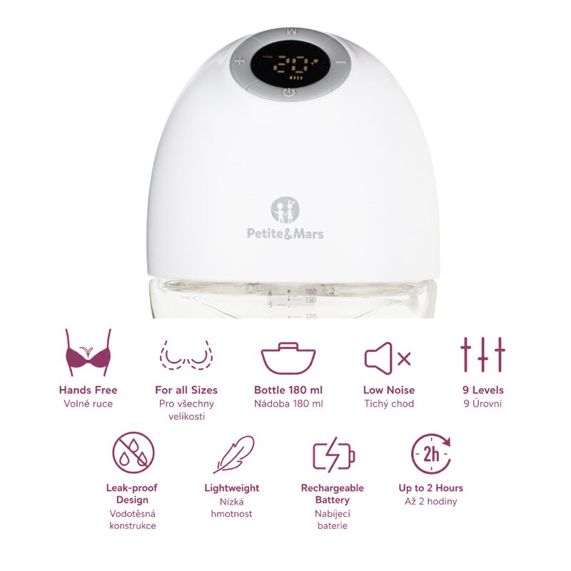 Pompa de san, Petite&Mars, Gaia Duo, Portabila, Cu 3 moduri, Panou control, Autonomie pana la 2.5 h, 9 functii de masaj, Silentioasa- 55db, Capacitate 180 ml, Alb