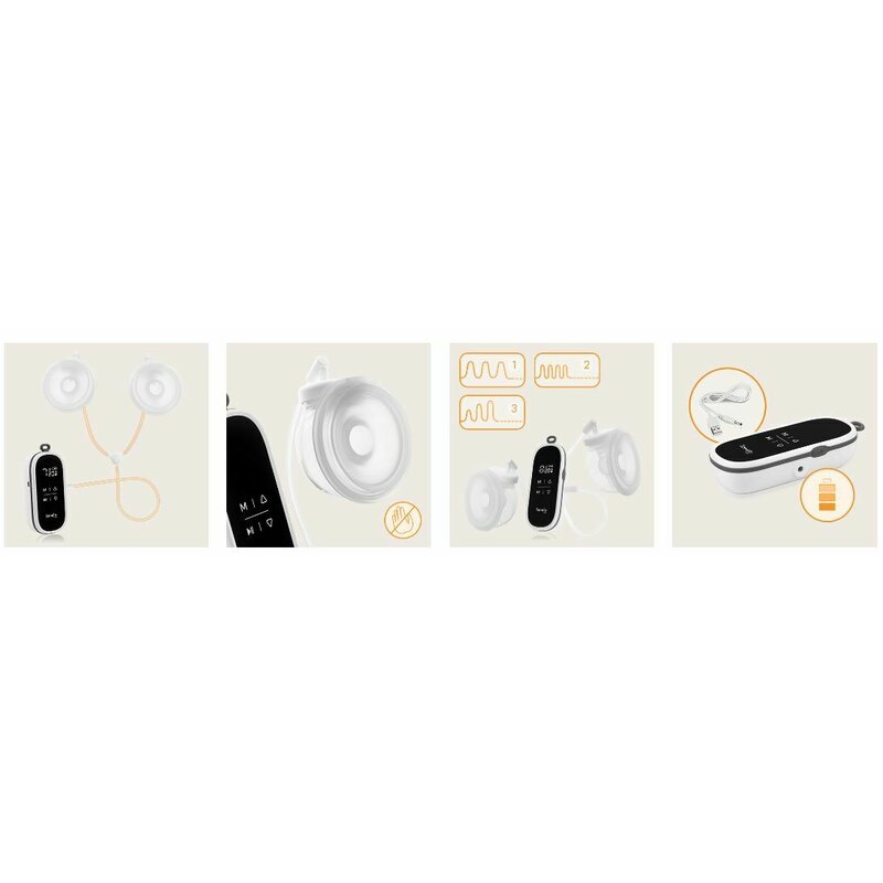 Pompa dubla de san, Lionelo, Twee Free, Hands Free, Electrica, Cu 9 nivele de aspiratie, 3 moduri de functionare, Afisaj LED, Functionare pana la 120 min, Silentioasa, Fara BPA, Include 2 recipiente de 150 ml, Cablu USB, Alb/Gri