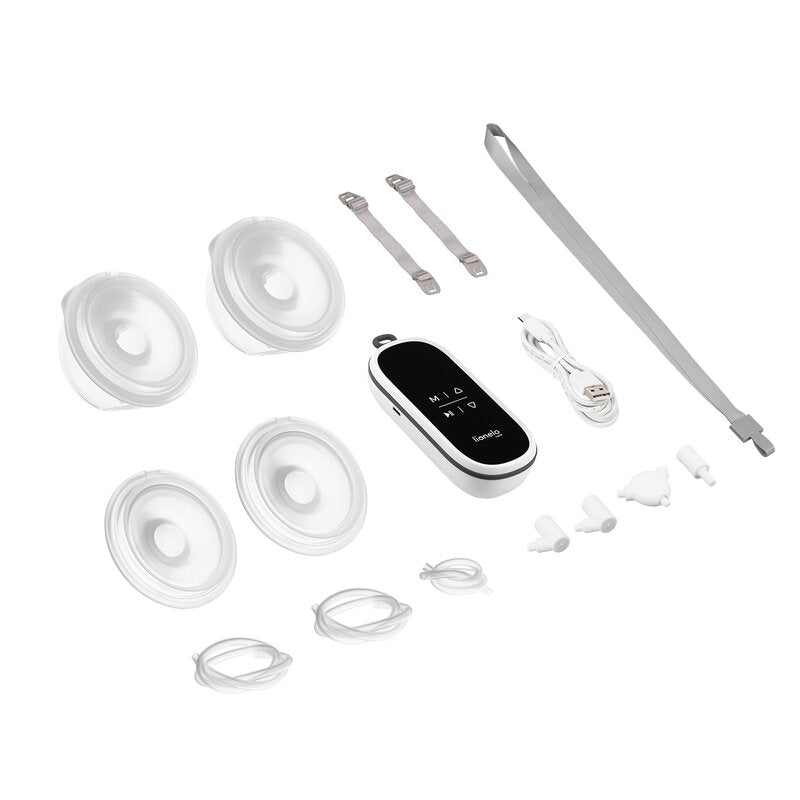 Pompa dubla de san, Lionelo, Twee Free, Hands Free, Electrica, Cu 9 nivele de aspiratie, 3 moduri de functionare, Afisaj LED, Functionare pana la 120 min, Silentioasa, Fara BPA, Include 2 recipiente de 150 ml, Cablu USB, Alb/Gri