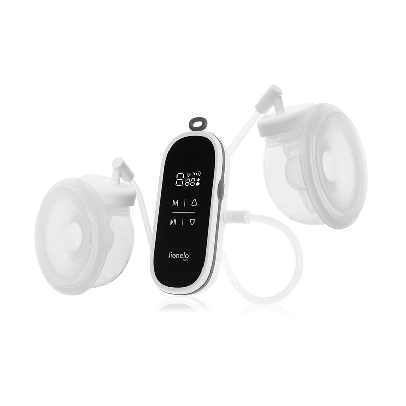 Pompa dubla de san, Lionelo, Twee Free, Hands Free, Electrica, Cu 9 nivele de aspiratie, 3 moduri de functionare, Afisaj LED, Functionare pana la 120 min, Silentioasa, Fara BPA, Include 2 recipiente de 150 ml, Cablu USB, Alb/Gri