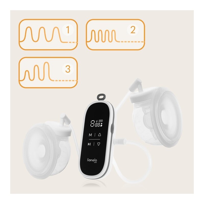 Pompa dubla de san, Lionelo, Twee Free, Hands Free, Electrica, Cu 9 nivele de aspiratie, 3 moduri de functionare, Afisaj LED, Functionare pana la 120 min, Silentioasa, Fara BPA, Include 2 recipiente de 150 ml, Cablu USB, Alb/Gri