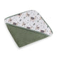 Prosop cu gluga, Petite&Mars, Loulou, Mare, 100 x 100 cm, 70% bambus, 30% bumbac, Certificare Oeko-Tex Standard 100, Hipoalergenic, respirabil si rezistent la mirosuri, Lame Bej/Verde