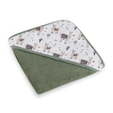 Prosop cu gluga, Petite&Mars, Loulou, Mare, 100 x 100 cm, 70% bambus, 30% bumbac, Certificare Oeko-Tex Standard 100, Hipoalergenic, respirabil si rezistent la mirosuri, Lame Bej/Verde