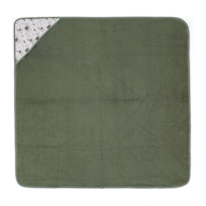 Prosop cu gluga, Petite&Mars, Loulou, Mare, 100 x 100 cm, 70% bambus, 30% bumbac, Certificare Oeko-Tex Standard 100, Hipoalergenic, respirabil si rezistent la mirosuri, Lame Bej/Verde