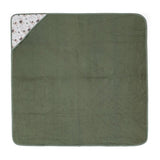 Prosop cu gluga, Petite&Mars, Loulou, Mare, 100 x 100 cm, 70% bambus, 30% bumbac, Certificare Oeko-Tex Standard 100, Hipoalergenic, respirabil si rezistent la mirosuri, Lame Bej/Verde