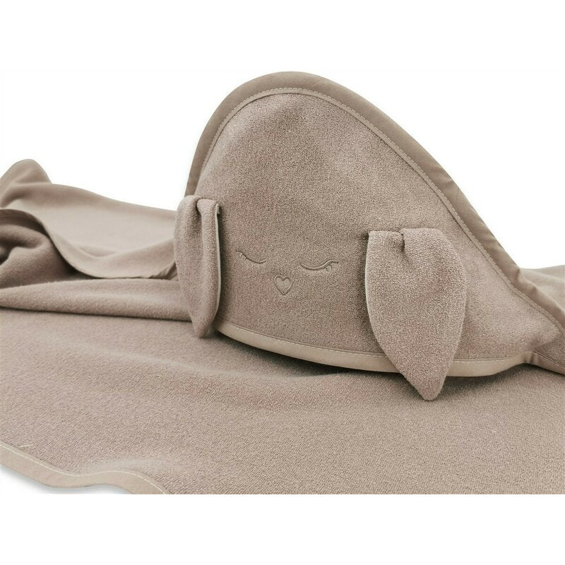 Prosop cu gluga, Qmini, Mare, Cu broderie si urechi, Dimensiune 100x100 cm, Din tricot termo-terry din bambus, Materiale certificate Oeko Tex Standard 100, Rabbit Mocha