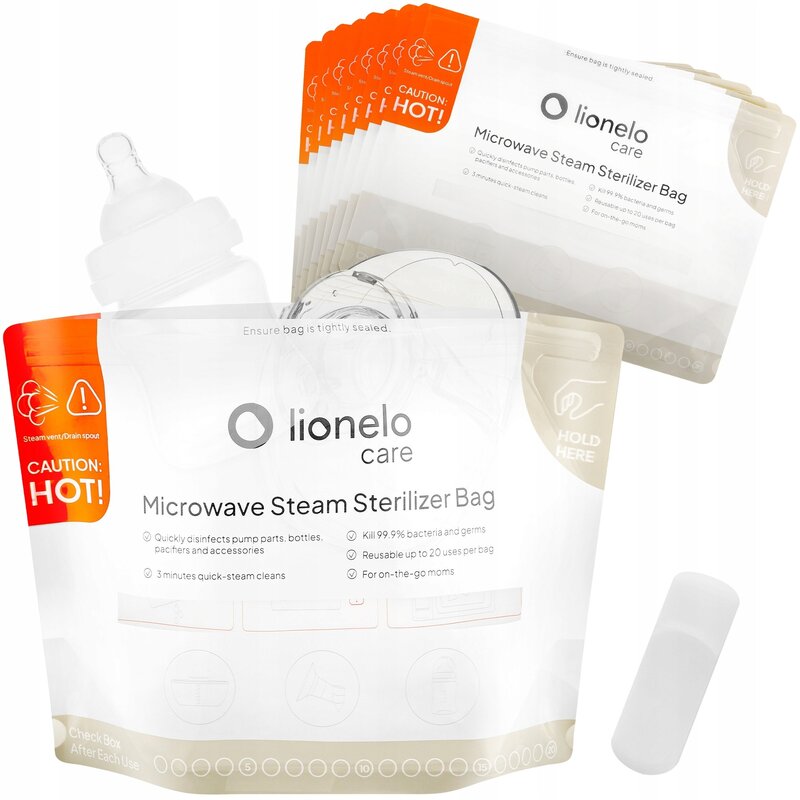 Pungi sterilizare microunde, Lionelo, Thermbag, Fara BPA, Sterilizare in 90 de sec., Elimina 99,9% dintre bacterii, Reutilizabile, 21x29 cm, 16 buc.