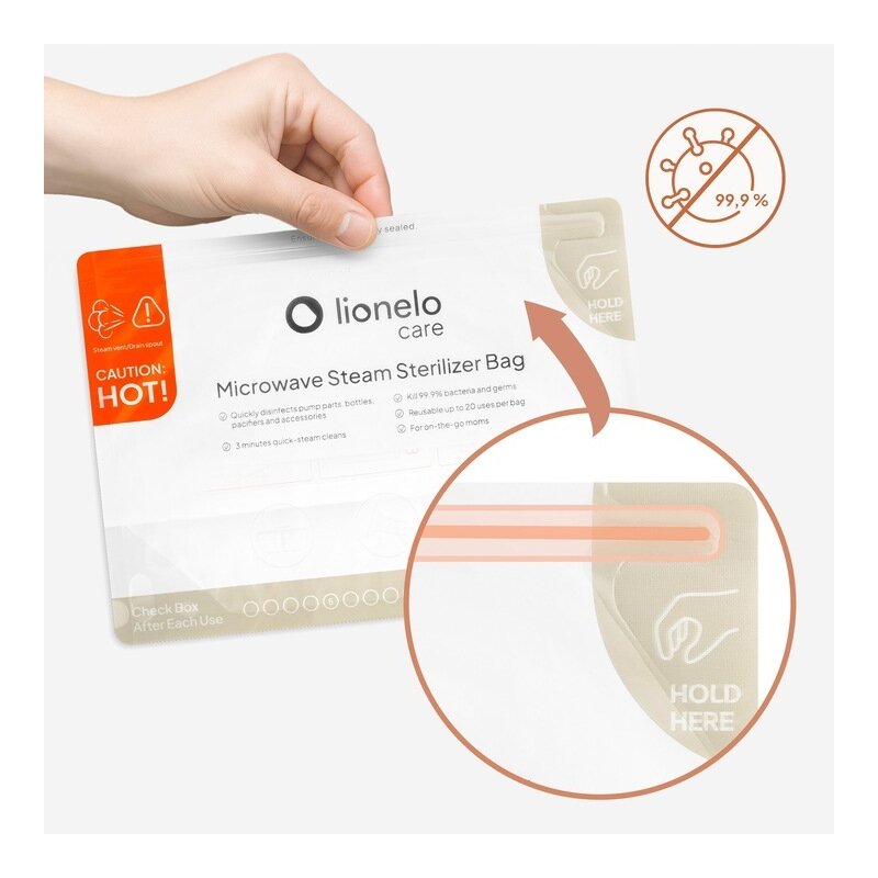 Pungi sterilizare microunde, Lionelo, Thermbag, Fara BPA, Sterilizare in 90 de sec., Elimina 99,9% dintre bacterii, Reutilizabile, 21x29 cm, 16 buc.