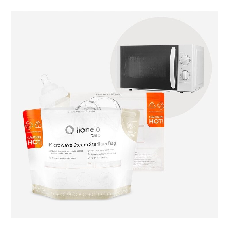 Pungi sterilizare microunde, Lionelo, Thermbag, Fara BPA, Sterilizare in 90 de sec., Elimina 99,9% dintre bacterii, Reutilizabile, 21x29 cm, 8 buc.
