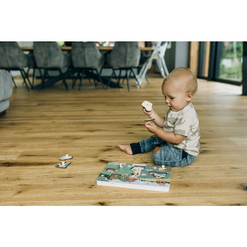 Puzzle muzical din lemn, Free2Play, Cu animalute de la ferma, Cu sunete, Cu maner, Stimuleaza simturile, invatarea prin joc si imaginatia, 29,8 x 21,2 x 3,8 cm, Farm - gogobaby.ro