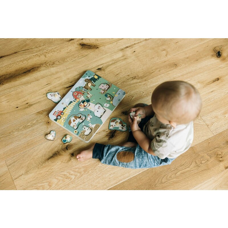 Puzzle muzical din lemn, Free2Play, Cu animalute de la ferma, Cu sunete, Cu maner, Stimuleaza simturile, invatarea prin joc si imaginatia, 29,8 x 21,2 x 3,8 cm, Farm - gogobaby.ro