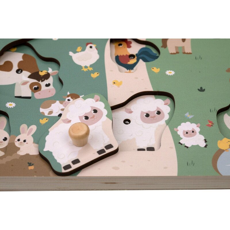 Puzzle muzical din lemn, Free2Play, Cu animalute de la ferma, Cu sunete, Cu maner, Stimuleaza simturile, invatarea prin joc si imaginatia, 29,8 x 21,2 x 3,8 cm, Farm - gogobaby.ro