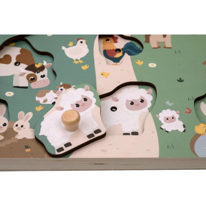 Puzzle muzical din lemn, Free2Play, Cu animalute de la ferma, Cu sunete, Cu maner, Stimuleaza simturile, invatarea prin joc si imaginatia, 29,8 x 21,2 x 3,8 cm, Farm - gogobaby.ro
