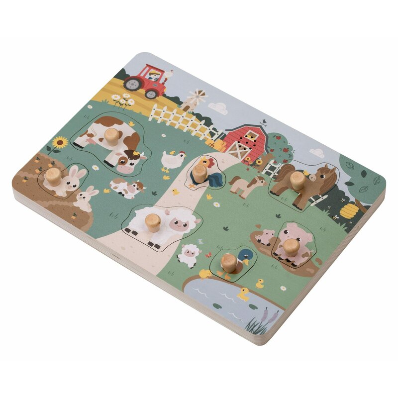 Puzzle muzical din lemn, Free2Play, Cu animalute de la ferma, Cu sunete, Cu maner, Stimuleaza simturile, invatarea prin joc si imaginatia, 29,8 x 21,2 x 3,8 cm, Farm - gogobaby.ro