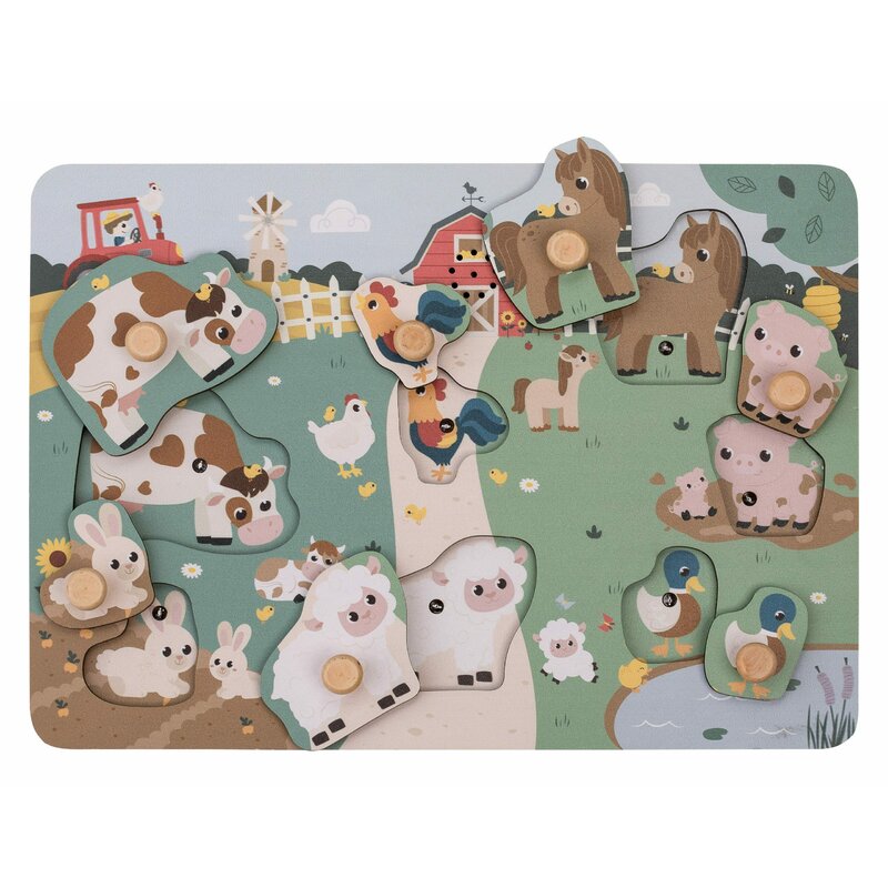 Puzzle muzical din lemn, Free2Play, Cu animalute de la ferma, Cu sunete, Cu maner, Stimuleaza simturile, invatarea prin joc si imaginatia, 29,8 x 21,2 x 3,8 cm, Farm - gogobaby.ro