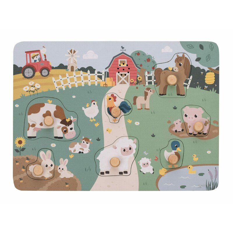 Puzzle muzical din lemn, Free2Play, Cu animalute de la ferma, Cu sunete, Cu maner, Stimuleaza simturile, invatarea prin joc si imaginatia, 29,8 x 21,2 x 3,8 cm, Farm - gogobaby.ro