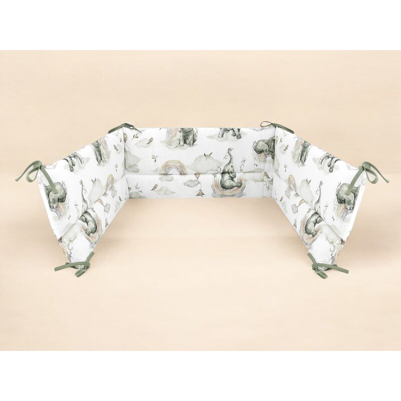 Aparatoare pentru patut, Qmini, Din bumbac certificat Oeko Tex Standard 100, 180x30 cm, Cu panglici, Elephants on Rainbow