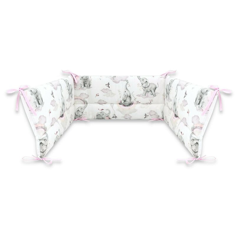 Aparatoare pentru patut, Qmini, Din bumbac certificat Oeko Tex Standard 100, 180x30 cm, Cu panglici, Elephants on Rainbow Pink - gogobaby.ro
