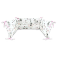 Aparatoare pentru patut, Qmini, Din bumbac certificat Oeko Tex Standard 100, 210x30 cm, Cu panglici, Elephants on Rainbow Pink